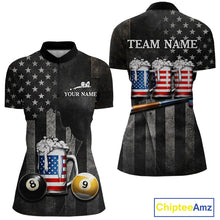 Load image into Gallery viewer, Grunge US Flag Beer Pool 8 Ball &amp; 9 Ball Women's Billiard Shirt Custom Patriotic Billiard Team Attire NYN2560