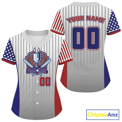 Custom USA Flag Patriotic Baseball Shirt For Women Outfits Blue Red Baseball Jerseys NYN1516