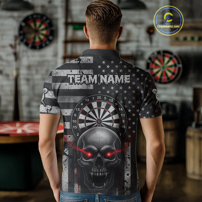 Grey American Flag Red Skull Custom Mens Polo Dart Shirt Grunge Patriotic Dart Jerseys NYN1768
