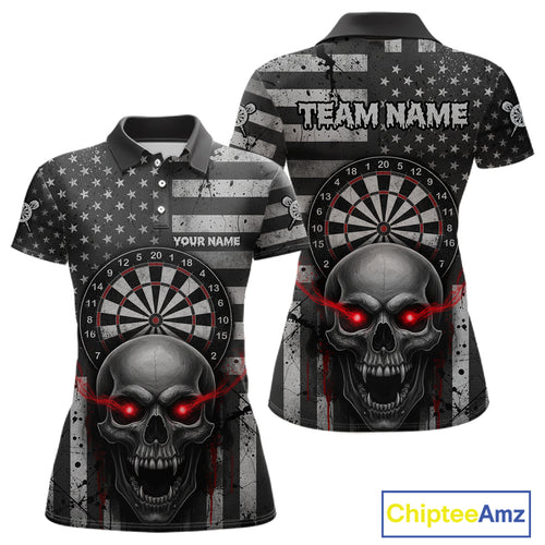 Grey American Flag Red Skull Custom Women Polo Dart Shirt Grunge Patriotic Dart Jerseys NYN1768