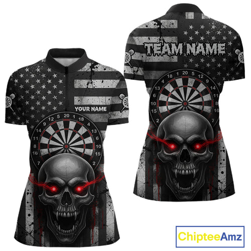 Grey American Flag Red Skull Custom Women Quarter-Zip Dart Shirt Grunge Patriotic Dart Jerseys NYN1768