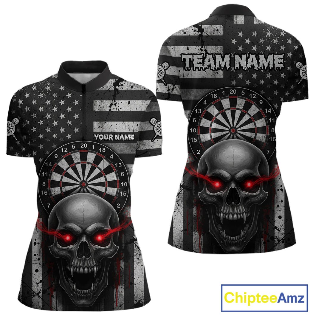 Grey American Flag Red Skull Custom Women Quarter-Zip Dart Shirt Grunge Patriotic Dart Jerseys NYN1768