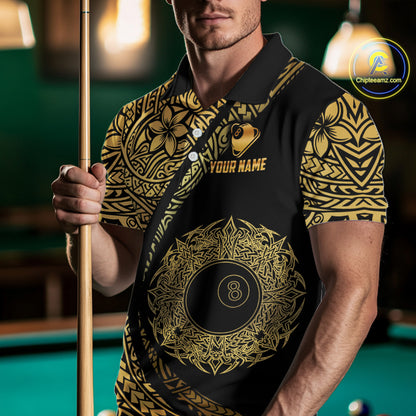 Black & Gold 8 Ball Crown Billiard Polo & 1/4 Zip Shirt For Men Custom Tribal Pool Team Jerseys NYN2944