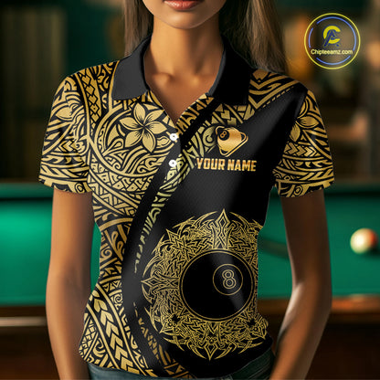 Black & Gold 8 Ball Crown Billiard Polo & 1/4 Zip Shirt For Women Custom Tribal Pool Team Jerseys NYN2944
