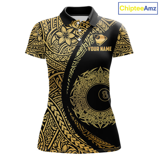 Black & Gold 8 Ball Crown Billiard Polo & 1/4 Zip Shirt For Women Custom Tribal Pool Team Jerseys NYN2944