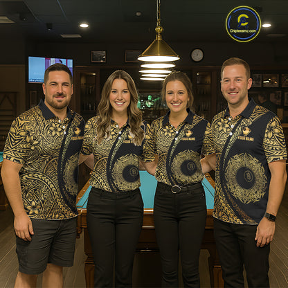 Black & Gold 8 Ball Crown Billiard Polo & 1/4 Zip Shirt For Men Custom Tribal Pool Team Jerseys NYN2944