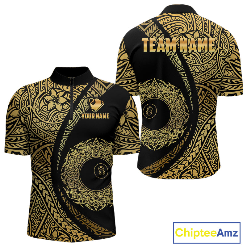 Black & Gold 8 Ball Crown Billiard Polo & 1/4 Zip Shirt For Men Custom Tribal Pool Team Jerseys NYN2944