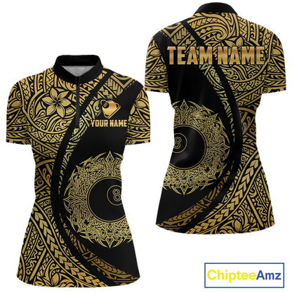 Black & Gold 8 Ball Crown Billiard Polo & 1/4 Zip Shirt For Women Custom Tribal Pool Team Jerseys NYN2944
