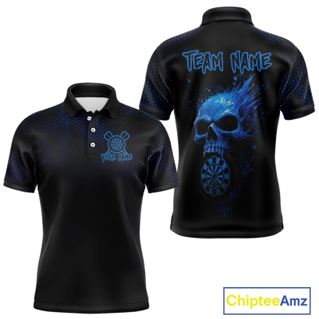 Custom Black And Blue Skull Dart Polo Shirt For Men Dartboard Skull Grunge Dart Jerseys NYN1524