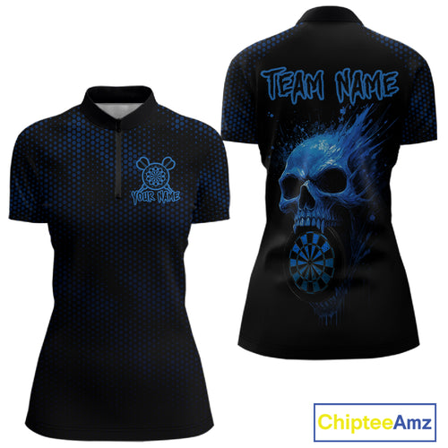 Custom Black And Blue Skull Dart 1/4-Zip Shirt For Women Dartboard Skull Grunge Dart Jerseys NYN1524