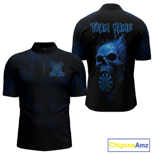 Custom Black And Blue Skull Dart 1/4-Zip Shirt For Men Dartboard Skull Grunge Dart Jerseys NYN1524