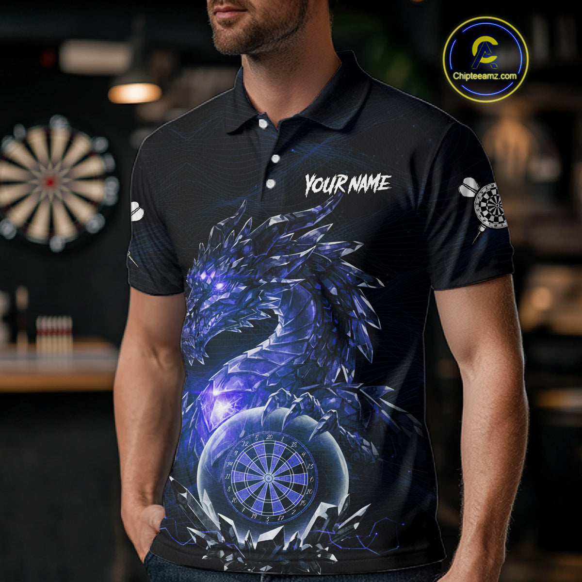 Blue Dartboard Lightning Dragon Stone Custom Mens Polo Dart Shirt Dart Team Jerseys NYN1779
