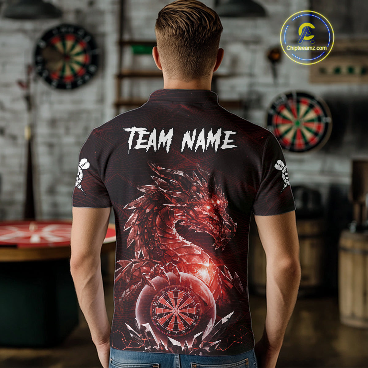 Red Dartboard Lightning Dragon Stone Custom Mens Polo Dart Shirt Dart Team Jerseys NYN1780