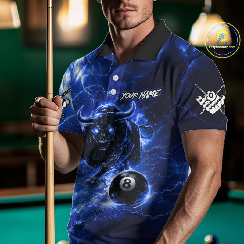 Thunder Lightning Blue Funny Bull 8 Ball Pool Men Billiard Shirt Custom Billiard Team Attire NYN2732
