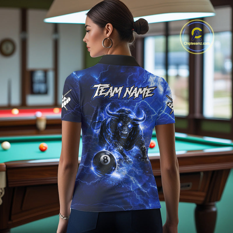 Thunder Lightning Blue Funny Bull 8 Ball Pool Women Billiard Shirt Custom Billiard Team Attire NYN2732