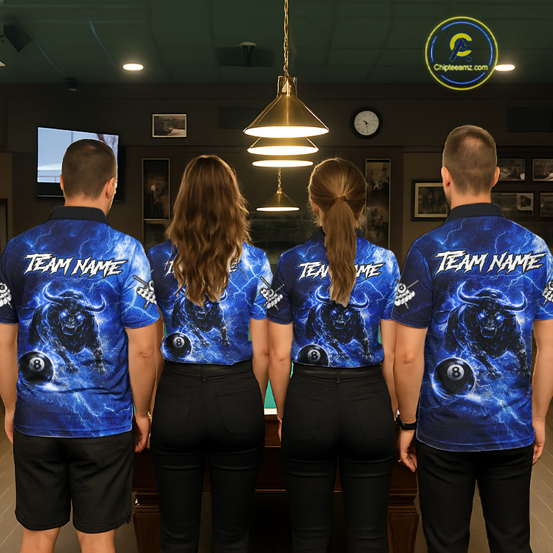 Thunder Lightning Blue Funny Bull 8 Ball Pool Women Billiard Shirt Custom Billiard Team Attire NYN2732