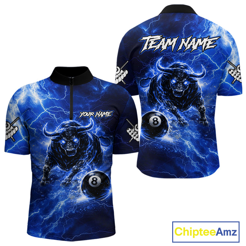 Thunder Lightning Blue Funny Bull 8 Ball Pool Men Billiard Shirt Custom Billiard Team Attire NYN2732
