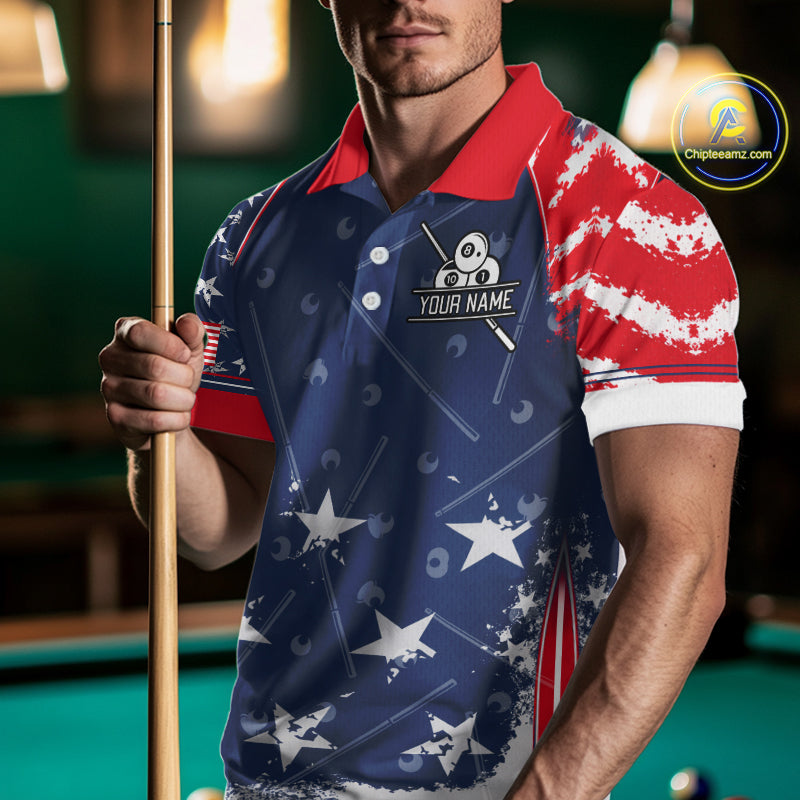 Load image into Gallery viewer, Blue Red Grunge US Flag 8 Ball Pool Men Billiard Ball Cue Shirt Custom Patriotic Billiard Team Attire NYN2734