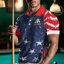 Load image into Gallery viewer, Blue Red Grunge US Flag 8 Ball Pool Men Billiard Ball Cue Shirt Custom Patriotic Billiard Team Attire NYN2734