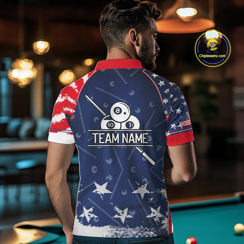 Load image into Gallery viewer, Blue Red Grunge US Flag 8 Ball Pool Men Billiard Ball Cue Shirt Custom Patriotic Billiard Team Attire NYN2734