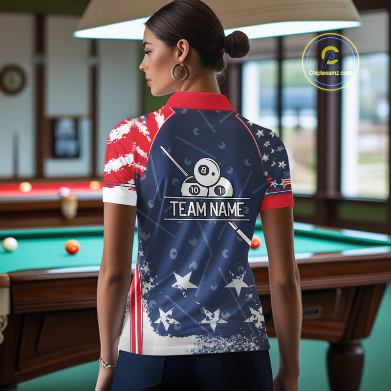Load image into Gallery viewer, Blue Red Grunge US Flag 8 Ball Pool Women Billiard Ball Cue Shirt Custom Patriotic Billiard Team Attire NYN2734