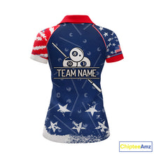 Load image into Gallery viewer, Blue Red Grunge US Flag 8 Ball Pool Women  Billiard Ball Cue Shirt Custom Patriotic Billiard Team Attire NYN2734