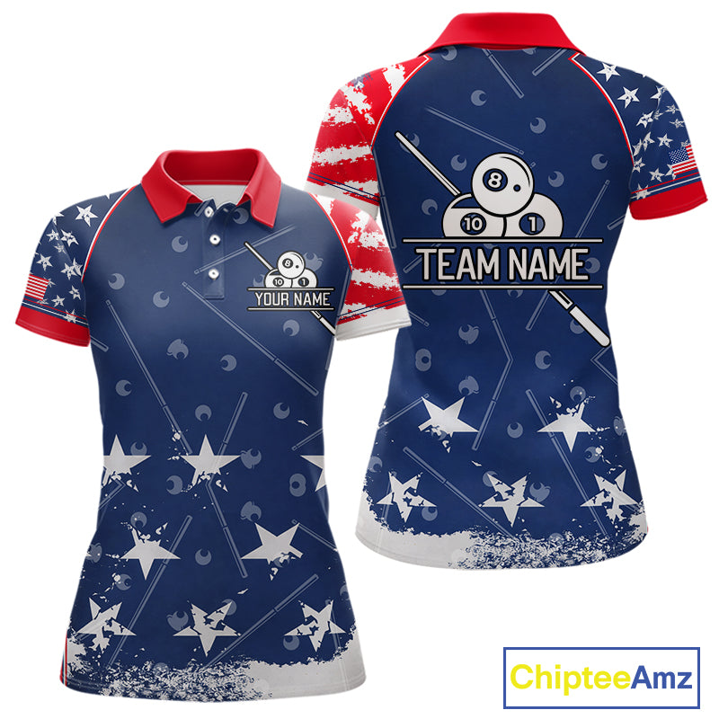 Blue Red Grunge US Flag 8 Ball Pool Women Billiard Ball Cue Shirt Custom Patriotic Billiard Team Attire NYN2734
