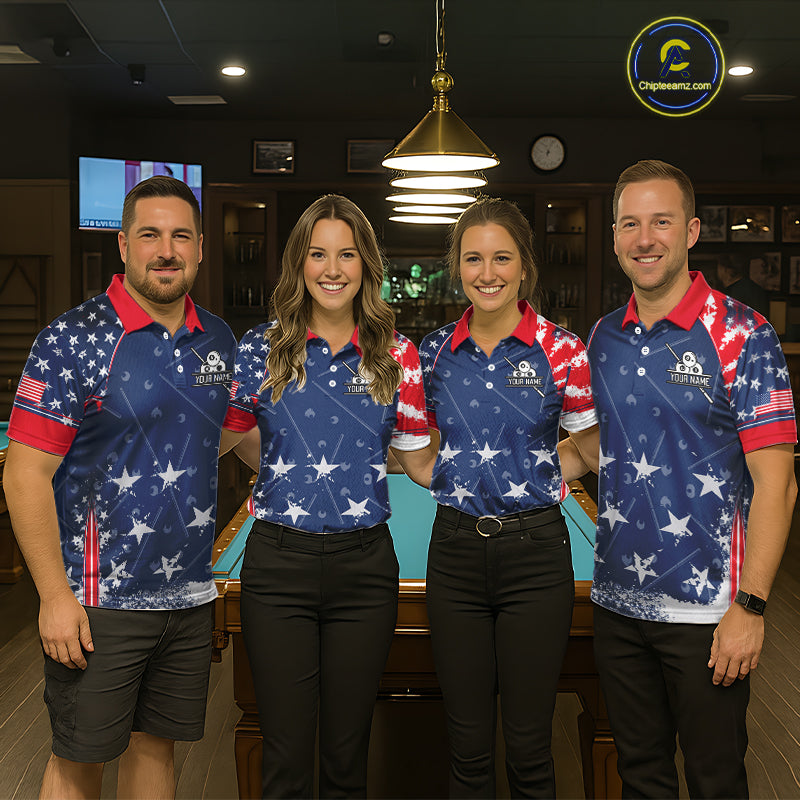 Load image into Gallery viewer, Blue Red Grunge US Flag 8 Ball Pool Men Billiard Ball Cue Shirt Custom Patriotic Billiard Team Attire NYN2734