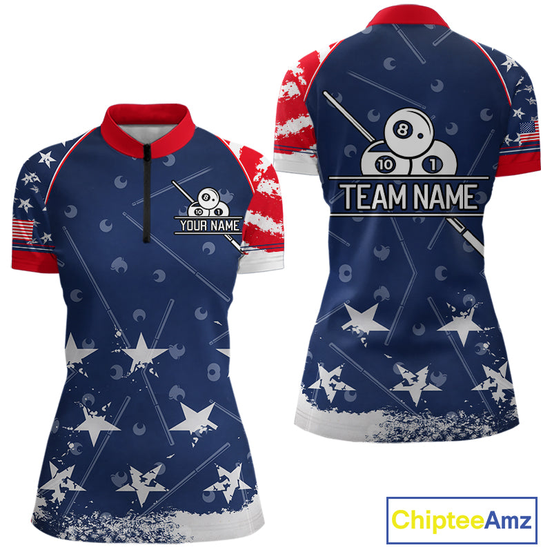 Load image into Gallery viewer, Blue Red Grunge US Flag 8 Ball Pool Women Billiard Ball Cue Shirt Custom Patriotic Billiard Team Attire NYN2734