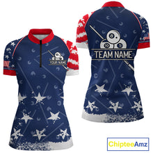 Load image into Gallery viewer, Blue Red Grunge US Flag 8 Ball Pool Women  Billiard Ball Cue Shirt Custom Patriotic Billiard Team Attire NYN2734