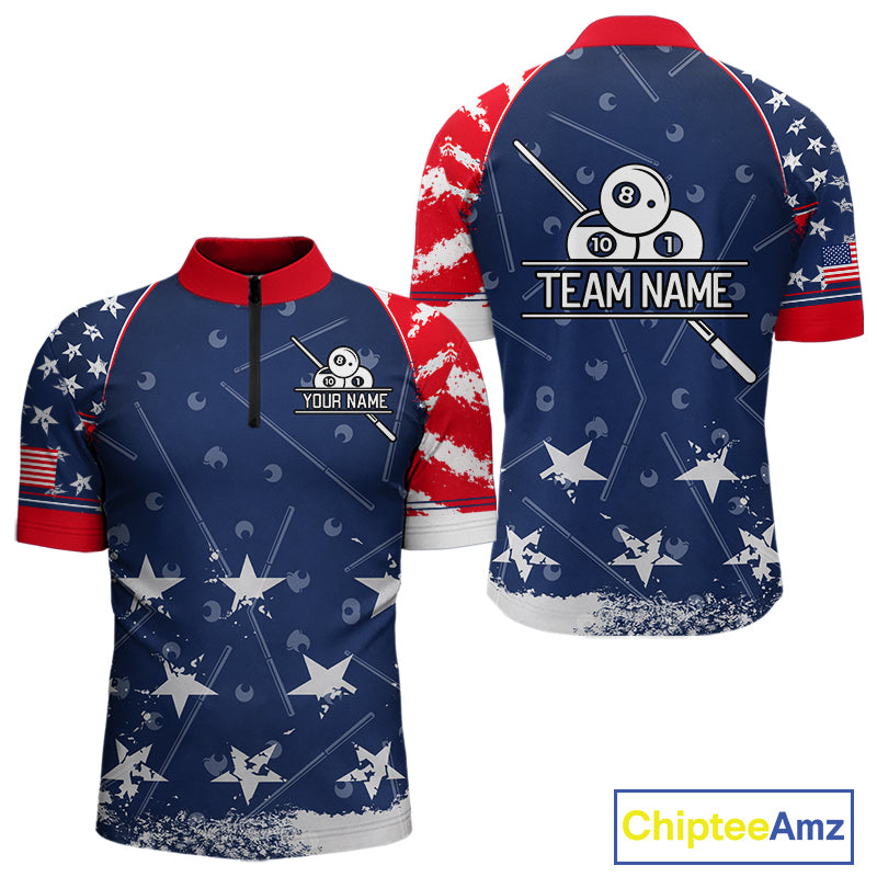 Load image into Gallery viewer, Blue Red Grunge US Flag 8 Ball Pool Men Billiard Ball Cue Shirt Custom Patriotic Billiard Team Attire NYN2734