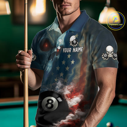 American Flag Skull Smoke 8 Ball Billiard 3D Shirt For Men Personalized Pool Billiard Team Attire NYN2745