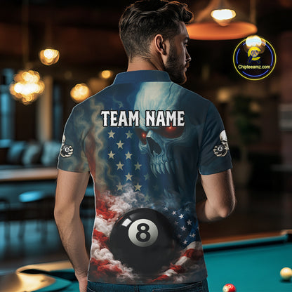 American Flag Skull Smoke 8 Ball Billiard 3D Shirt For Men Personalized Pool Billiard Team Attire NYN2745