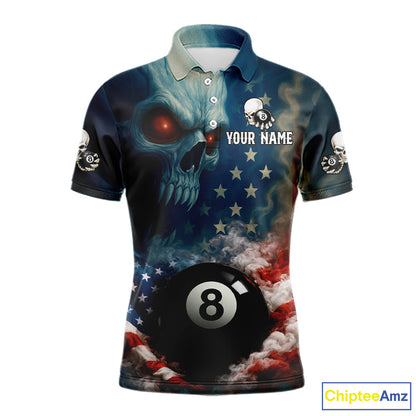American Flag Skull Smoke 8 Ball Billiard 3D Shirt For Men Personalized Pool Billiard Team Attire NYN2745