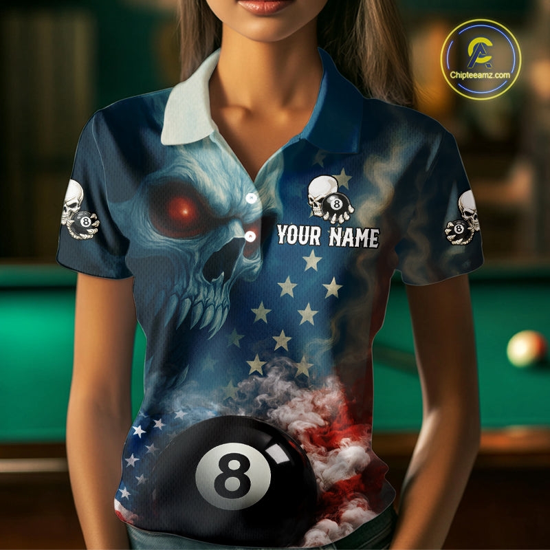 American Flag Skull Smoke 8 Ball Billiard 3D Shirt For Women Personalized Pool Billiard Team Attire NYN2745
