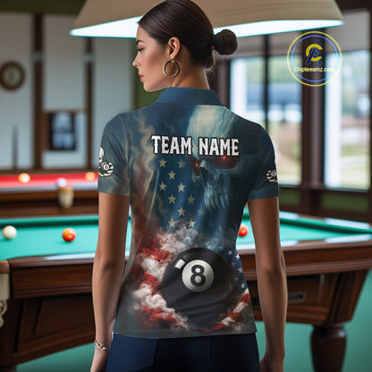 American Flag Skull Smoke 8 Ball Billiard 3D Shirt For Women Personalized Pool Billiard Team Attire NYN2745