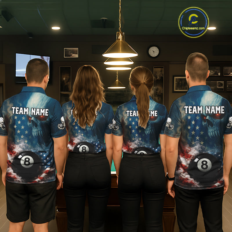 American Flag Skull Smoke 8 Ball Billiard 3D Shirt For Women Personalized Pool Billiard Team Attire NYN2745