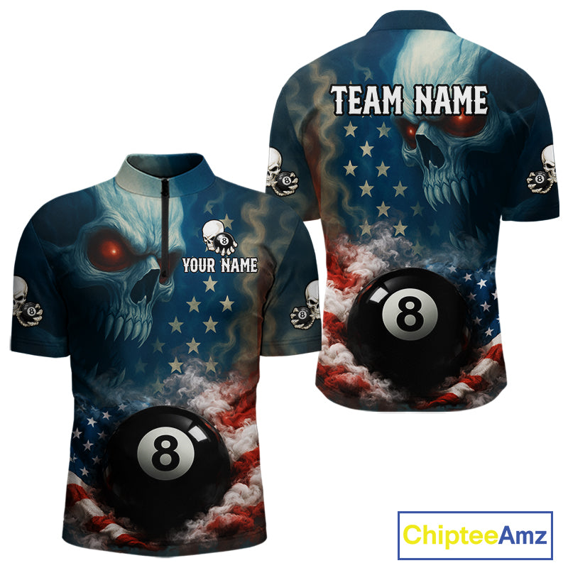 American Flag Skull Smoke 8 Ball Billiard 3D Shirt For Men Personalized Pool Billiard Team Attire NYN2745