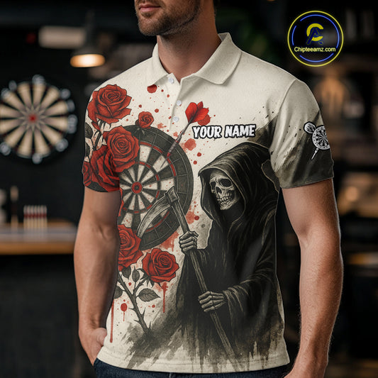 Custom Red Grunge Roses Grim Heaper Dartboard Dart Polo Shirt For Men Dart Team Jerseys NYN1546