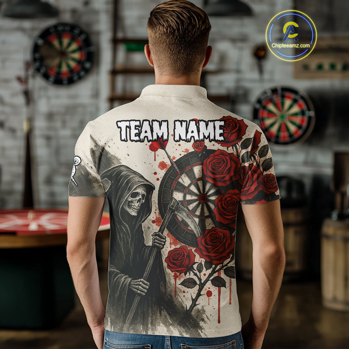 Custom Red Grunge Roses Grim Heaper Dartboard Dart Polo Shirt For Men Dart Team Jerseys NYN1546