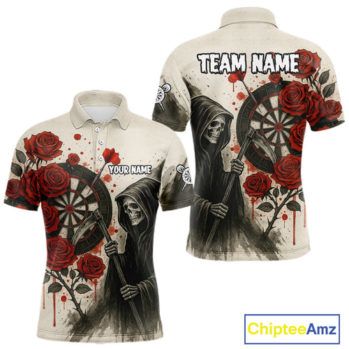 Custom Red Grunge Roses Grim Heaper Dartboard Dart Polo Shirt For Men Dart Team Jerseys NYN1546