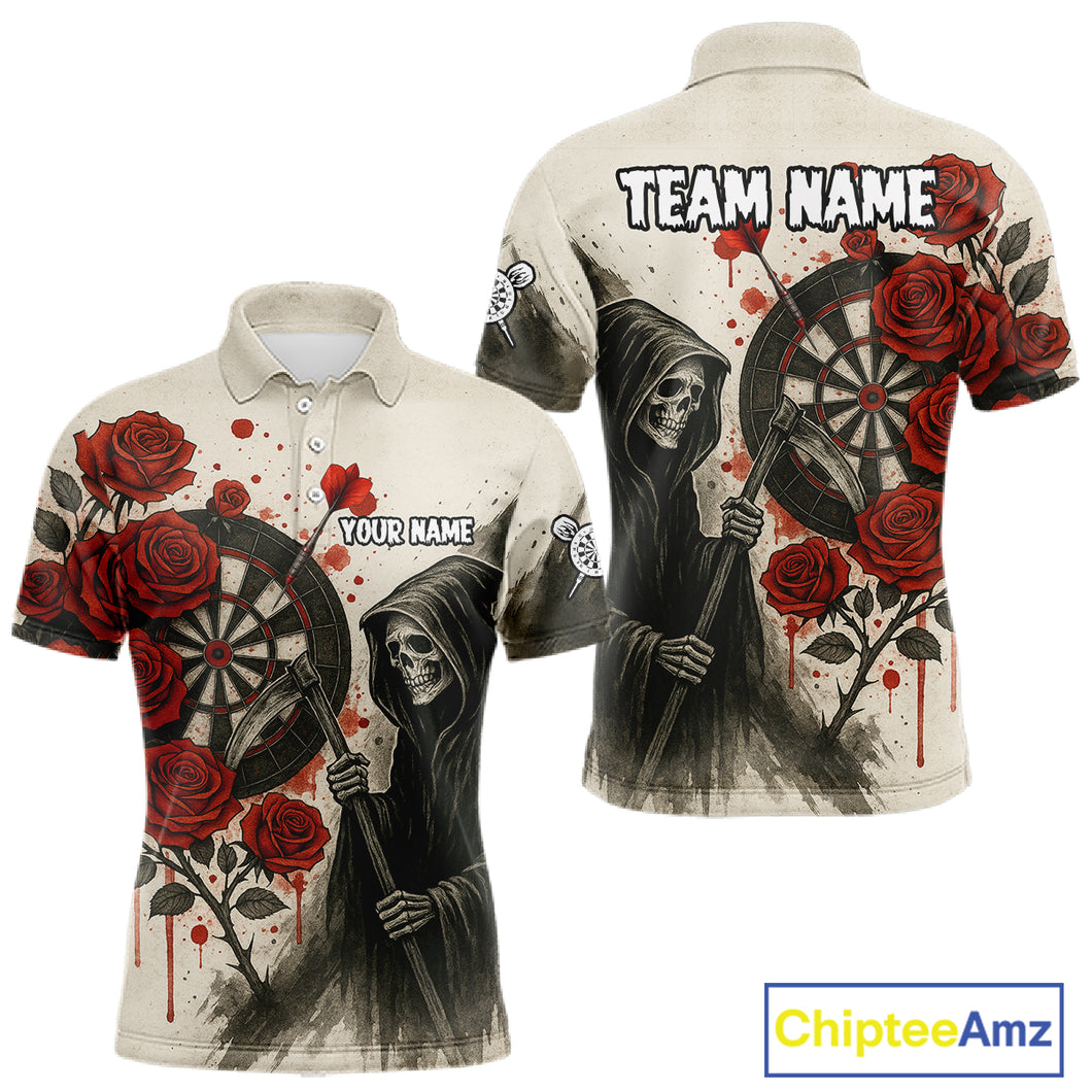 Custom Red Grunge Roses Grim Heaper Dartboard Dart Polo Shirt For Men Dart Team Jerseys NYN1546