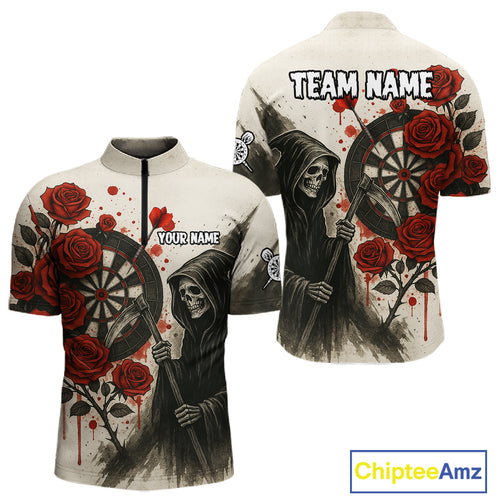 Custom Red Grunge Roses Grim Reaper Dartboard Dart Quarter-Zip Shirt For Men Dart Team Jerseys NYN1546