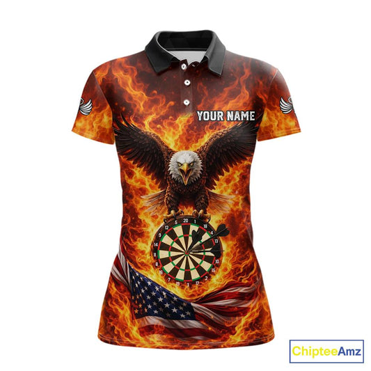 Personalized Eagle US Flag Fire Flame Dartboard Women Darts Polo Shirt Custom Darts Team Jersey|Red NYN2584