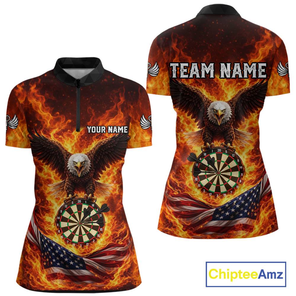 Personalized Eagle US Flag Fire Flame Dartboard Women Darts 1/4-Zip Shirt Custom Darts Team Jersey|Red NYN2584