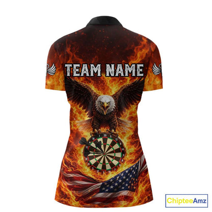 Personalized Eagle US Flag Fire Flame Dartboard Women Darts 1/4-Zip Shirt Custom Darts Team Jersey|Red NYN2584