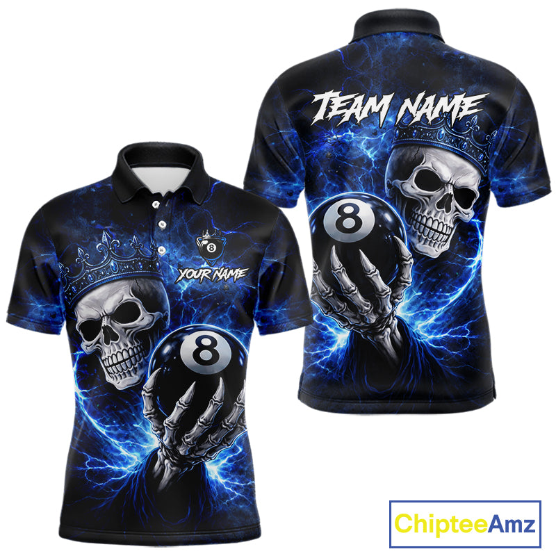 Blue Crown Skull Holding Thunder Pool 8 Ball Billiard Shirt For Men Custom Billiard Team Attire NYN2602