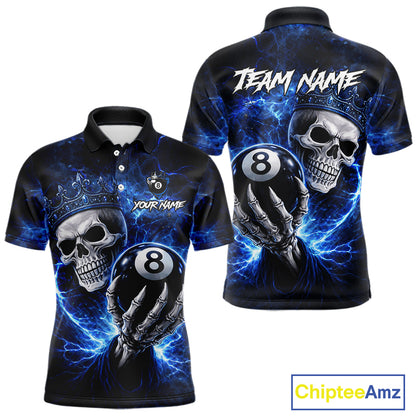 Blue Crown Skull Holding Thunder Pool 8 Ball Billiard Shirt For Men Custom Billiard Team Attire NYN2602