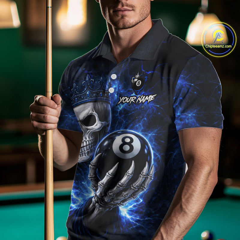 Blue Crown Skull Holding Thunder Pool 8 Ball Billiard Shirt For Men Custom Billiard Team Attire NYN2602