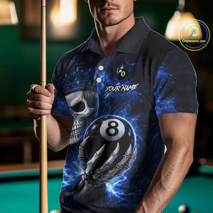Blue Crown Skull Holding Thunder Pool 8 Ball Billiard Shirt For Men Custom Billiard Team Attire NYN2602